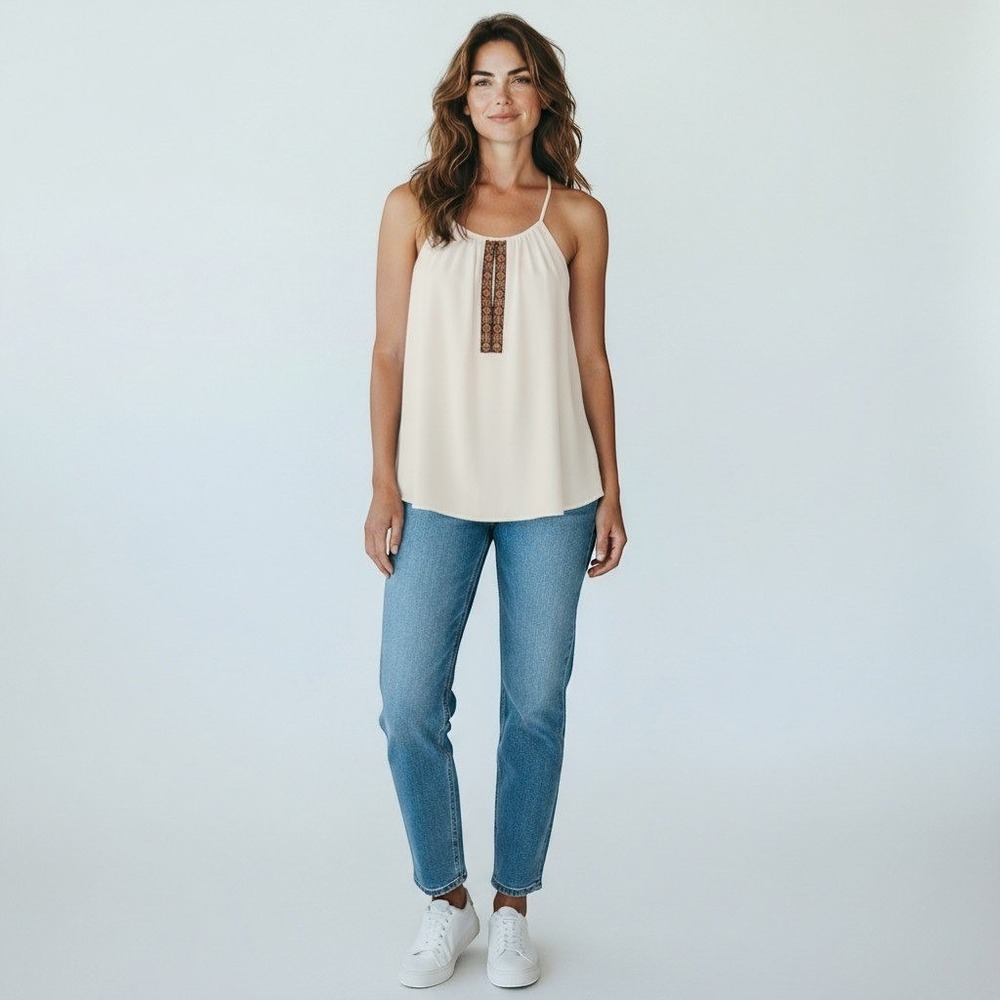 NWT Naked Zebra Womens Halter Tank Top Cream Embroidered Boho Blouse Size M